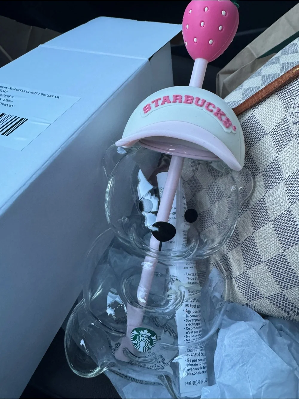 Starbucks Clear Bear Tumbler with Pink Strawberry Hat and Straw
